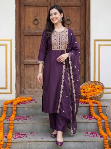 Image of INDO ERA Women's Silk Blend Embroidered Straight Kurta Pant with Dupatta Set
