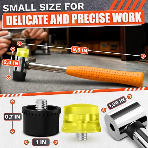 Image of Small Rubber Mallet Hammer, Orange 25mm Double-Faced Soft Face Mallet with Soft Rubber & Hard Plastic Heads, Non Marring Jewelry Hammer for Leather Craft, Tile, Furniture Repair, Hobby & DIY Projects