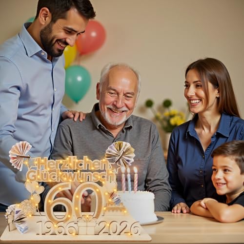 ARTREE 60 Geldgeschenke Geburtstag Frau Mann, 2026 Holz Schild Gästebuch mit LED Lichterkette, Personalisiertes Geschenke zum 60 Geburtstagszahlen, 60 Diamantene Hochzeit Deko, Herzlichen Glückwunsch