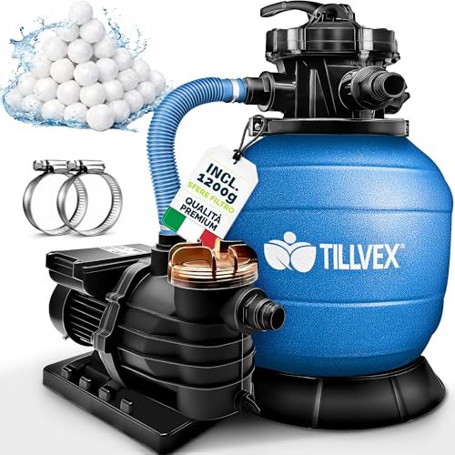 IMPIANTO DI FILTRAZIONE A SABBIA: Cavo di alimentazione - 190 cm, capacità di filtrazione = 13.200 L/h (adatto a piscine fino a 40.000 L), potenza: 550W, tensione: 230V/50Hz, capacità del serbatoio = 30 L.