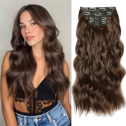 Hair Extensions, 4Pcs Brown Hair Extensions Clip In Easy to Put In, Long Wavy Thick and Soft Natural Brown Hairpieces for Party Daily, 22 Inch Synthetic Hair Extensions for Women Girls