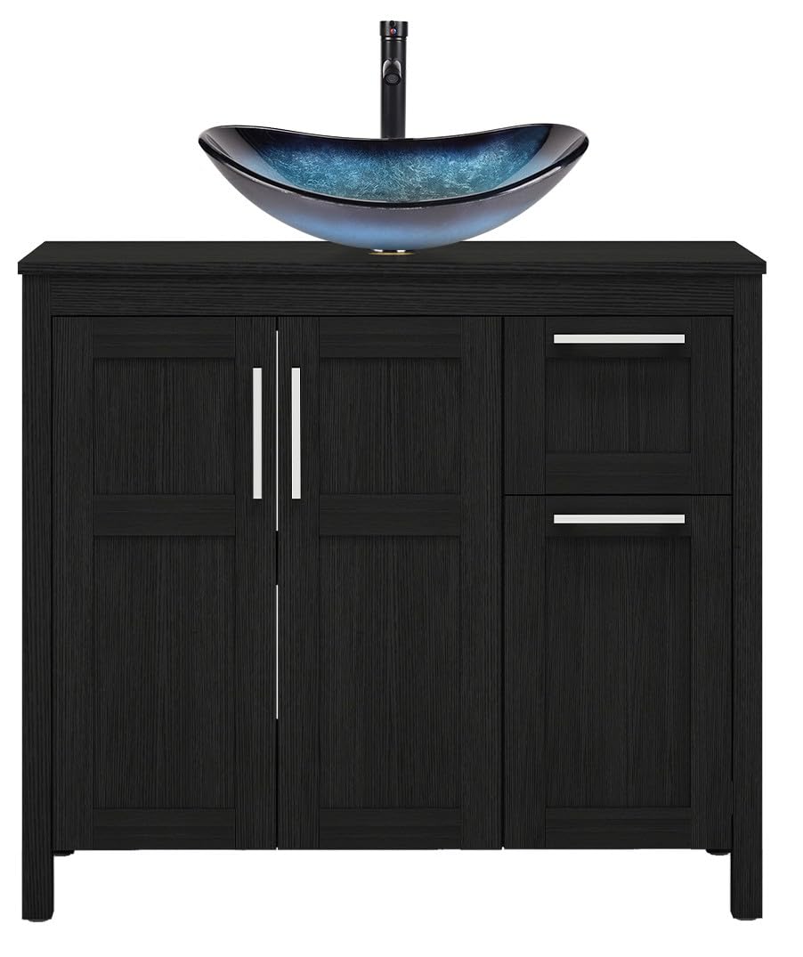 YOURLITE 36' Black Vanity with Blue Glass Bowl