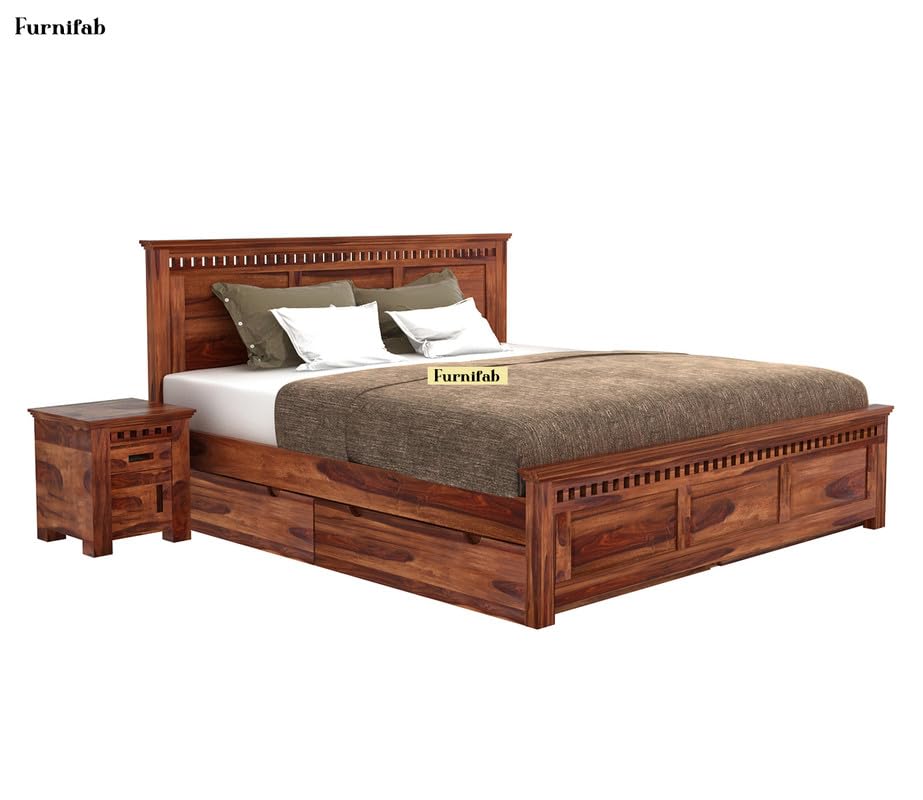 Image of Solid Sheesham Wood Queen Size Bed with Side Drawers Storage and Headboard | Durable Wooden Double Bed Cot Palang Furniture for Bedroom, Living Room, Hotel, Home and Guest Room (Honey Finish)