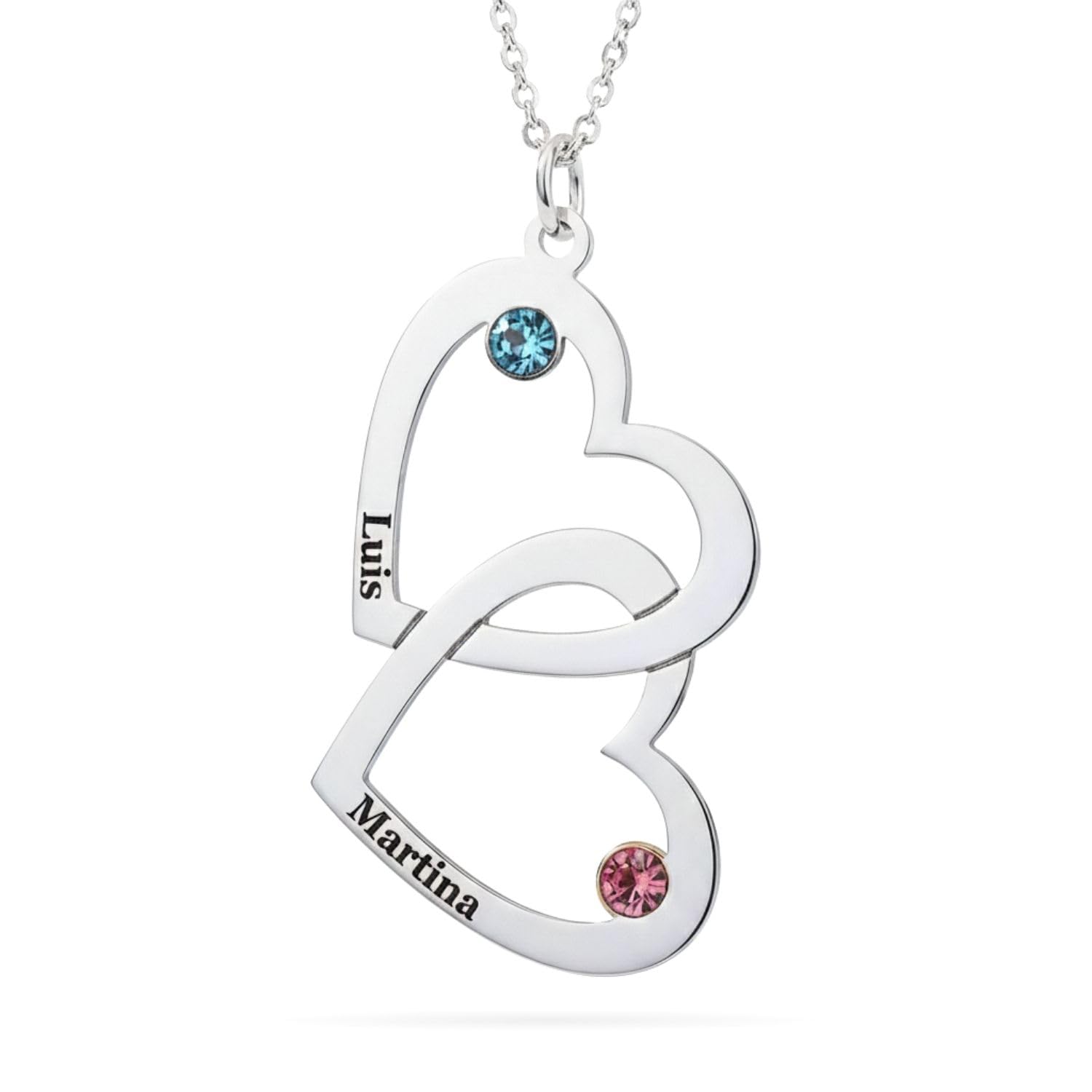 Collar de Plata con Corazones Personalizado - Colgante Personalizado con Nombres y Piedras en Plata de Ley, ideal para regalar