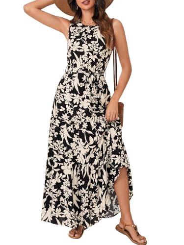 Image of Rooscier Women's Sleeveless Boho Maxi Dress | Halter Neck Print Tiered A Line Beach Dresses