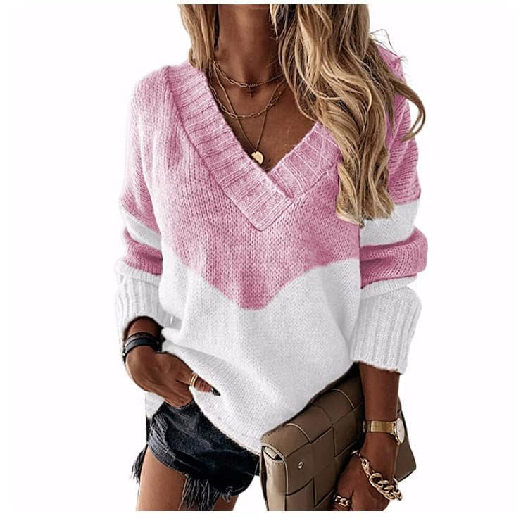 Oversized Sweater for Women Fall V Neck Color Block Knitted Sweater Tops Winter Striped Jumper Sweater Pullover