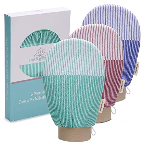 Lotus Bath Co. Premium Exfoliating Mitt, Set of 3, Bath Body Scrubber and Dead Skin Remover Gloves, Korean Style Exfoliation for Men & Women,Hand, Leg, and Foot Scrub for Smooth Healthy Skin