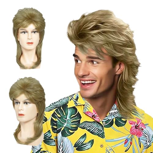 FOUNSHO Parrucca Biondo Chiaro Mullet per Uomo Donna, Anni '80 Anni '70 Costume Hippie Cosplay Mullet, Lunghi Riccia di Parrucca Anni '90 Rocker Parrucche per Costume Halloween Feste (Biondo Chiaro)