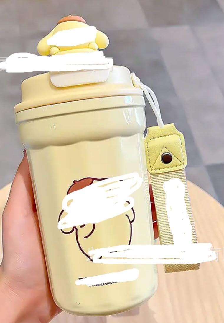 FCXVXCLPom-Pom Puriin Insulated Anime Cute Reusable Mug - Stainless Steel Kawaii Drinking Bottle Ideal for Kids Travel, School, Hiking, Cycling, Office (480ml)