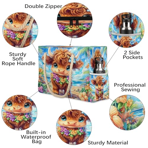 Cute Highland Cow Large Tote Beach Bags for Women with Zipper Watercolor Floral Waterproof Sandproof Gym Swim Pool Grocery Travel Bag3