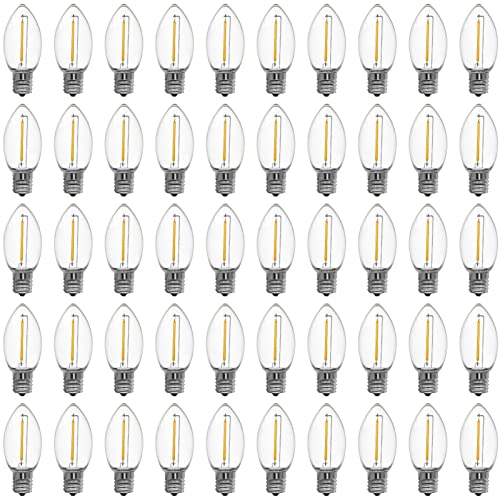Meconard C9 Led Replacement Christmas Light Bulbs C9 Shatterproof Plastic Led Bulbs for Christmas Outdoor String Lights E17 Intermediate Base Commercial Grade Holiday Bulbs Warm White 50 Pack