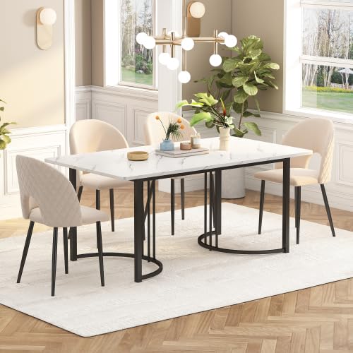 Merax Modern Marble Dining Table 140x80cm, Rectangular Kitchen Table with Metal Frame, Adjustable Feet for Dining Room, Living Room, and Office, White/Black — image 1