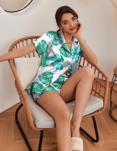 Image of Ekouaer Womens Pajama Sets 2 Piece Satin Silk Pjs Button Up Notch Collar Nightwear Short Sleepwear Set,Floral Green Leaves,Medium
