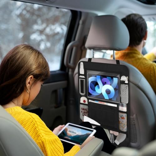 Csuntikulo 2 Stück Auto Rückenlehnenschutz und Organizer, 600D Oxford Stoff Wasserdicht Autositz Rücksitz Organizer Autositzschoner Rückenlehne, Rückenlehnenschutz Auto Kinder mit Tablet Fach, Schwarz