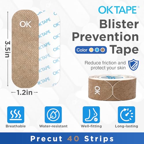 Image of OK TAPE Blister Prevention Tape, 40 Pcs, Moleskin for Blisters, No-Residue Blister Bandages for Feet & Body, Heel Patches, 1.2in X 3.5in Precut Strips - Brown