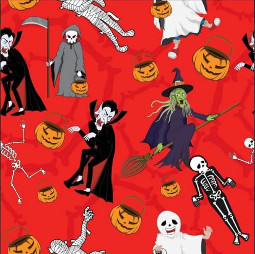 Halloween Dancing Monsters on Orange 100% Cotton Fabric