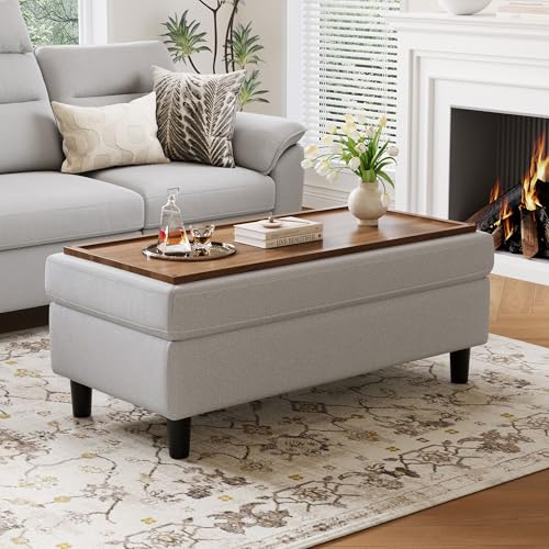 LINSY HOME 46 Inches Wide Storage Ottoman Bench, Linen Coffee Table Long Shoes Bench Footstool,...