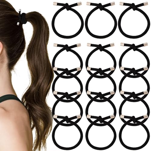 SUNCN 15個 ブラック結び目ヘアタイ、伸縮性のある結び目ヘアバンド ポニーテールホルダー、滑り止めロープブレスレット 細くて太いウェーブカーリーストレートロングショート用