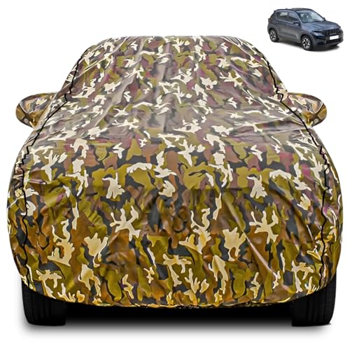 Image of FABTEC Car Body Cover for Kia Sonet Jungle Print with Soft Cotton Lining Waterproof Car Cover UV & Rain Protection with Mirror Pocket Bottom Elastic (Military /Camouflage Pattern)