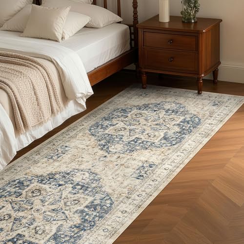 Tortania Area Rug 3x12 Runner Rugs - Washable Vintage Oriental Farmhouse Thin Indoor Carpet for Living Room Bedroom Hallway Entryway Kitchen Under Dining Table Home Office - Cream/Blue