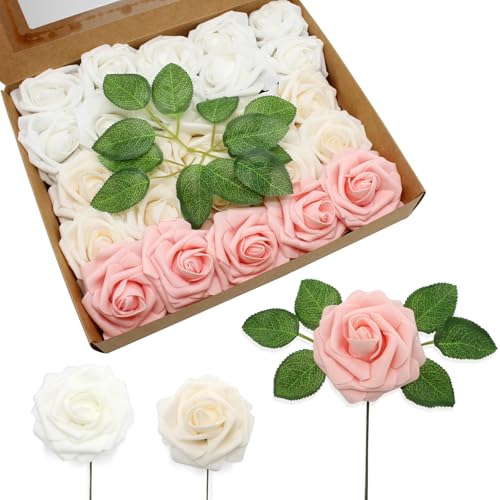 JOYLEX Rosas artificiales realistas, rosas falsas de aspecto real con tallo para bricolaje, ramos de boda, centros de mesa, despedidas de soltera, fiestas, decoraciones románticas (50 unidades,