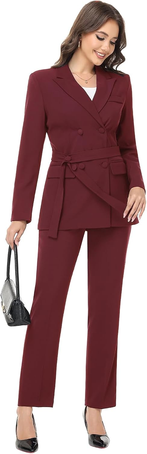 Lamgool Women Double Breasted Suit with Belt Business Casual 2 Pcs Blazer Jacket with Pants Set - Image 5