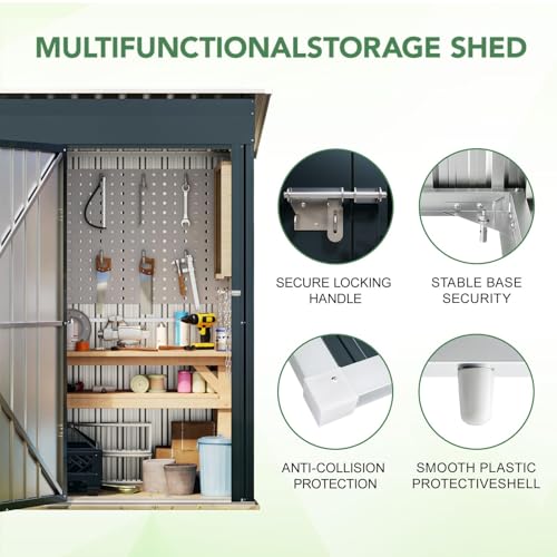 Image of Breezz 5x3FT Vertical Outdoor Steel Storage Shed with Floor Frame, Lockable Doors, Compact Metal Tool Shed for Garden, Backyard, Patio, Utility, and Bike Storage