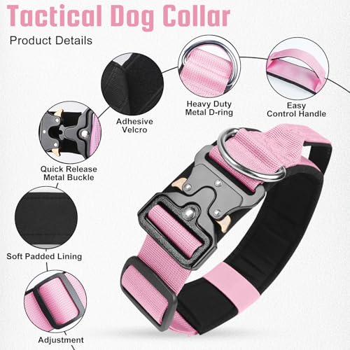 Ledeak Taktisches Hundehalsband mit Griff, Weich Gepolstert Verstellbares Hunde Halsband, Nylon Breit Trainings Halsband, Robuster Dog Collar mit Metallschnalle für Mittlere Große Hunde (Pink, M)