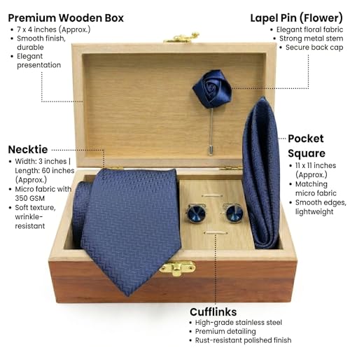 Image of Men's Necktie Gift Set with Wooden Box | Premium Tie, Pocket Square, Cufflinks & Lapel Pin | Elegant Formal Accessories Gift for Men