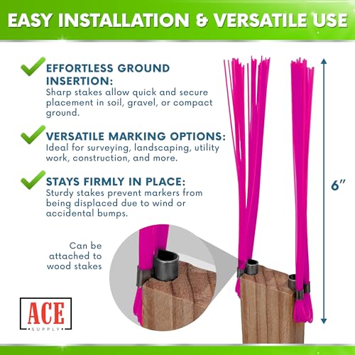 ace supply pink marking whiskers - 250 pack - durable marking whisker set - use survey whiskers as survey stakes construction markers or trail markers