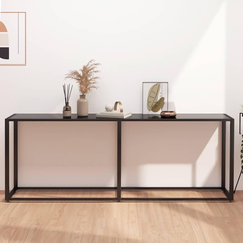 Tavolo consolle nero, 200 x 35 x 75,5 cm, in vetro, tavolo da corridoio | Tavolino sottile in vetro di sicurezza e metallo per corridoio e soggiorno, robusto e antiribaltamento.