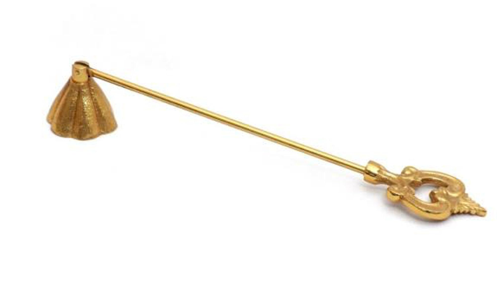 IHI EST. 1986 Gold Aluminum Candle Snuffer, 11.5 Inch Decorative Wick Extinguisher with Ornate Scroll Handle, Elegant Candle Accessory for Pillar, Taper and Jar Candles