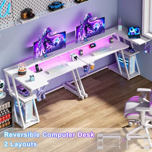 Image of Korfile 47 Inch White Gaming Desk with Power Outlet & LED Lights, Corner Computer Desk with 3 Tiers Storage Shelves, L Shaped Gaming Desk with Monitor Stand for Bedroom