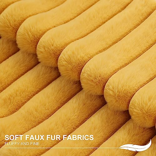 Pallene Faux Fur Plush Throw Pillow Covers 22x22 Set of 2, Luxury Soft Fluffy Striped Decorative Pillow Covers for Sofa, Couch, Living Room, Mustard Yellow