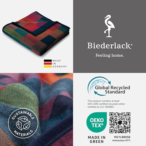 biederlack® flauschig-weiche Kuscheldecke aus Baumwollmischgewebe I Made in Germany I nachhaltig produziert I Bunte Wohndecke „Color Squares Blue“ in grün-blau I Öko-Tex I Sofa-Decke 150x200cm