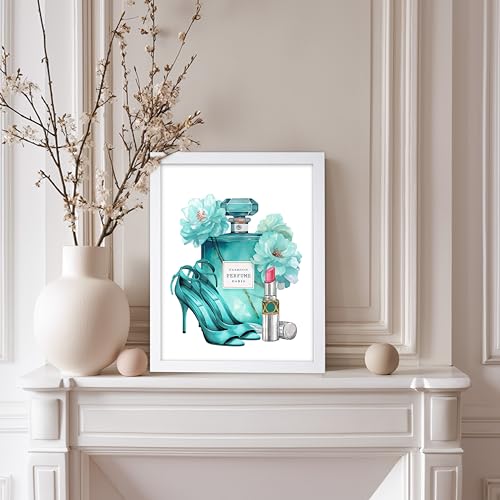 Image of Poster Master Turquoise Blue Designer Print - Fashion Poster - Shoes, Lipstick & Perfume Art - Chic Gift for Women & Fashionista - Glam Decor for Bedroom or Girl's Room - 11x14 White Framed