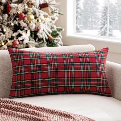 Image of MIULEE Christmas Plaid Pillow Cover Scottish Tartan 12x24 Red | Set of 1 Christmas Decorations Lumbar Cushion Cover, Farmhouse Winter Home Decor, for Thanksgiving Sofa Couch Bed Living Room
