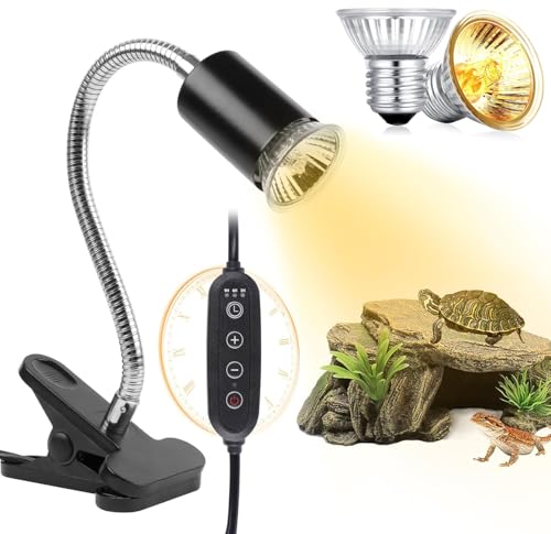 L'INTENSITÀ DI ILLUMINAZIONE E TIMER REGOLABILE -- La lampada riscaldante per tartarughe è dotata di un design intelligente del timer ciclo 3/6/9H, una volta impostata, la luce per tartarughe si accenderà/spegnerà automaticamente, dandoti la flessibilità di scegliere la durata di illuminazione in base a diverse esigenze. Inoltre, ci sono tre livelli di luminosità da regolare per controllare la temperatura in base alle esigenze del tuo animale domestico.