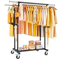 800LBS Heavy Duty Clothes Rack: Rolling Clothing Rack for Hanging Coat Double Rods Portable Wardrobe Garment Racks with Wheels Shelf Sturdy Metal Adjustable Bedroom Laundry Living Room (Black)