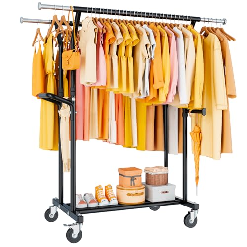 YGleeao 800LBS Heavy Duty Clothes Rack: Rolling Clothing Rack for Hanging Coat Double Rods Portable...