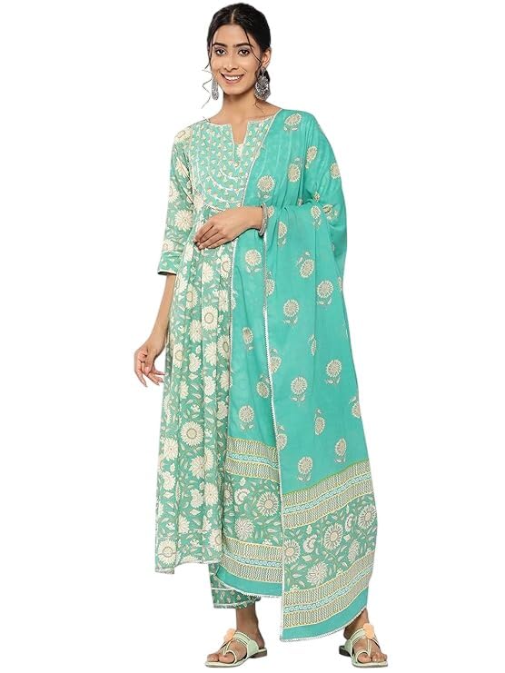 Image of Gerua By Libas Printed Cotton Anarkali Kurta with Trouser and Dupatta | Ethnic wear | Bridal Suit | Occasion wear