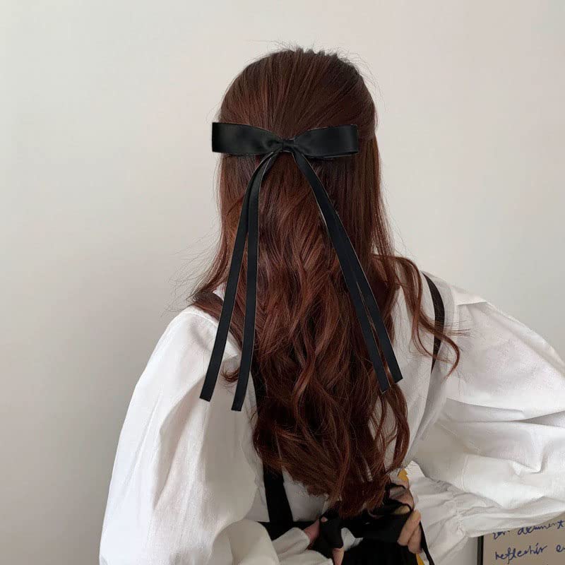 Miniatura 3 de Cinta para el cabello para mujeres y niñas, 4 cintas para el cabello, clips con cola larga, lazos grandes de satén para el diseño del cabello (negro