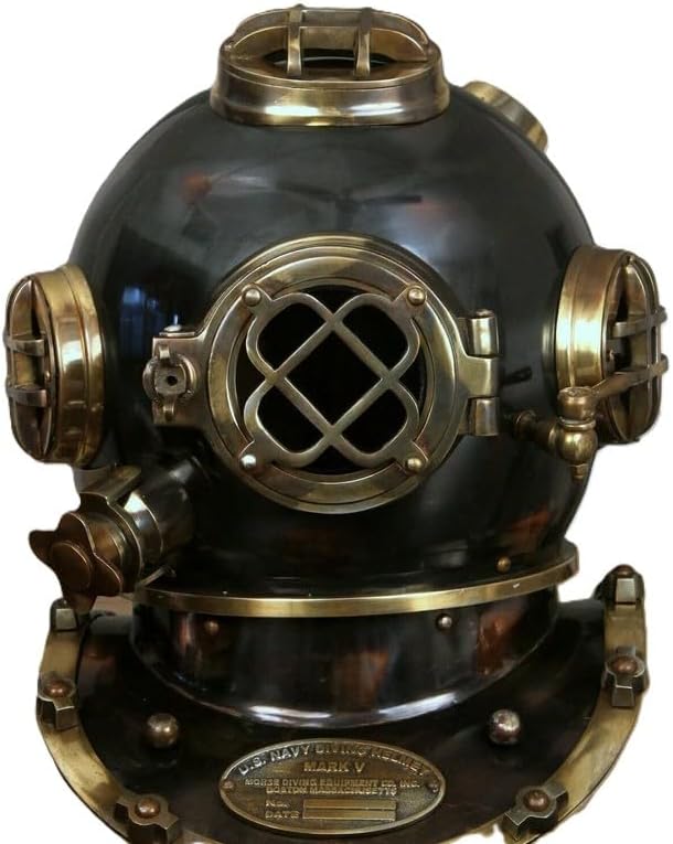 Vintage Navy Diving Helmet, Antique Brass and Black Steel, 12 in