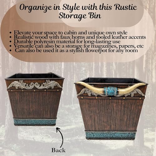 Image of BestGiftEver Rustic Decorative Storage Bin | Southwestern Tooled Leather-Designed Wastebasket with Faux Horns | Unique Trash Bin Ideal for Native American Themed Enthusiasts