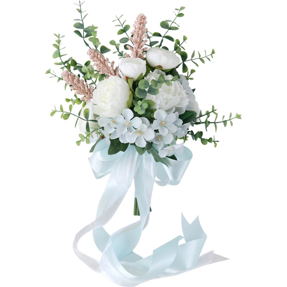 CHAKEUZND Artificial Holding Flowers Bouquets, White Bridal Bouquet,Handmade Artificial Flowers Peony,10.24 inch Bouquet Bridesmaid Wedding Decoration Bouquets