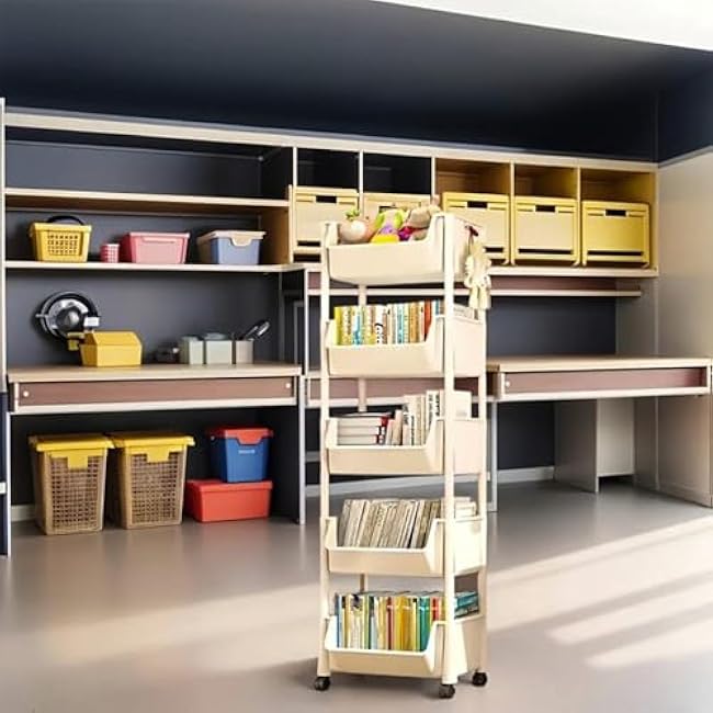 5 Tier Rolling Cart - Plastic Storage Cart with Wheels, 46.4in Dorm Room Storage, Multi-Fuctional Organizer Rack for Snack, Cosmetics, Living Room, Bedroom, Kitchen & Bathroom-ypXKm1TT