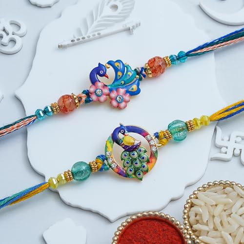 Image of eCraftIndia Multicolor Beautiful Peacock Designer Rakhi Set of 2 | Rakhi for Brother Bhaiya Bhai with Best Bro Ever Fridge Magnet | Roli Chawal Pack