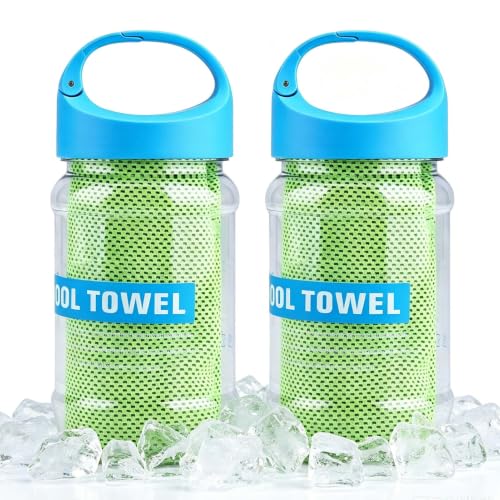 Kukyller Cooling Towel 2PCS 100x30cm Ice Towel with Storage Bottle Sweat Towel for Neck and Face Yoga Sport Running Gym Camping Workout(Green)
