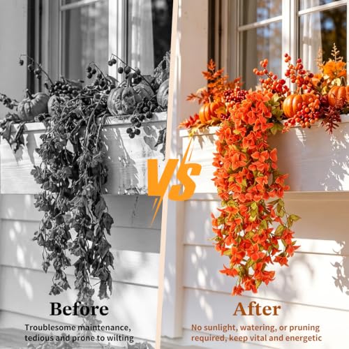 Image of Lewondr Artificial Fall Hanging Flowers UV Resistant Bougainvillea, Orange | 2PCS Faux Silk Long Trailing Vines, Fade Proof, Fake Flowers for Autumn Decorations, Front Door Porch Planter Urn Patio