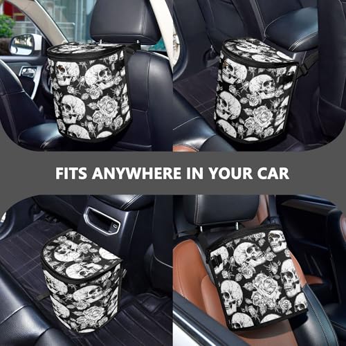 Image of MNSRUU Car Trash Can with Lid, Gothic Skulls and Flowers Car Trash Bag Hanging Organizers and Storage for Front Back Seat, Leak-Proof Trash Bin